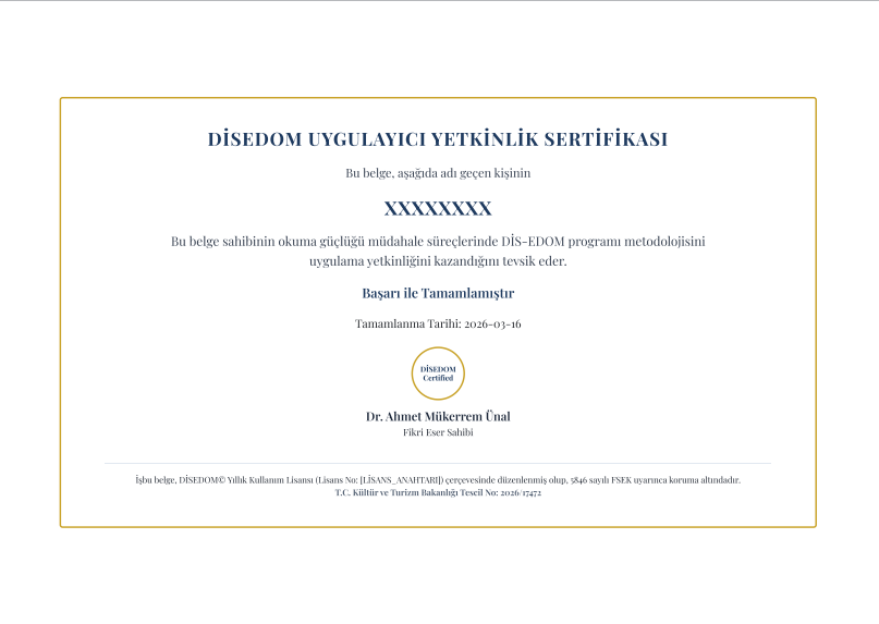 DİSEDOM Uygulayıcı Yetkinlik Sertifikası örneği